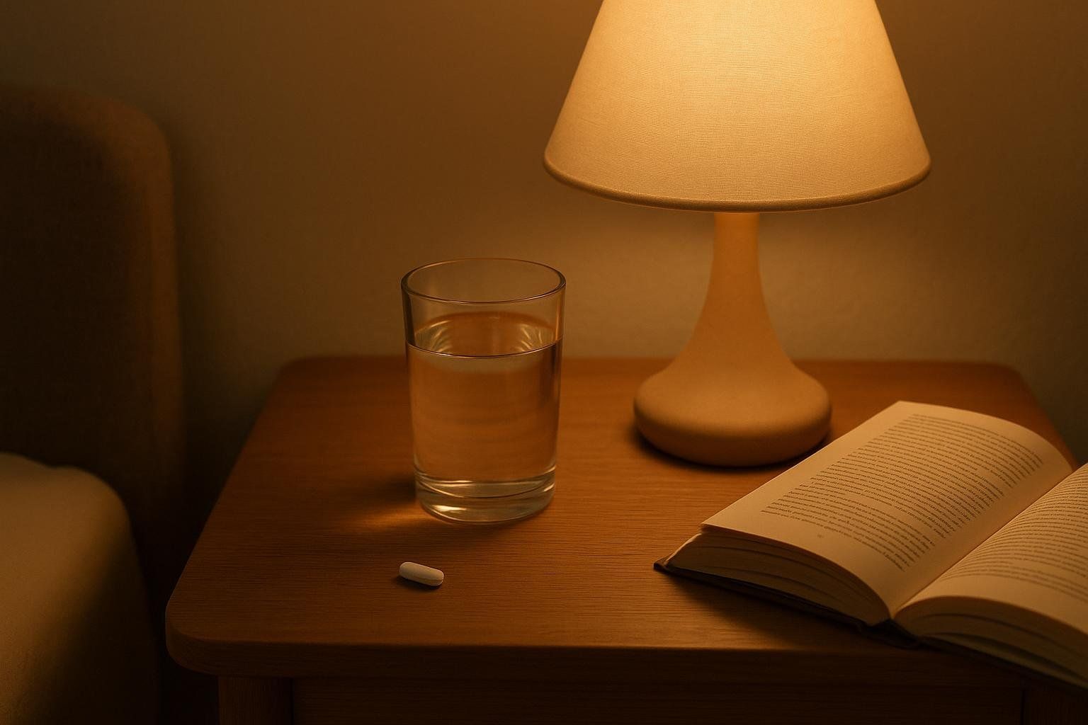 A bedside table with a pill, glass of water, and book, illustrating the timing of taking magnesium as part of a bedtime routine.