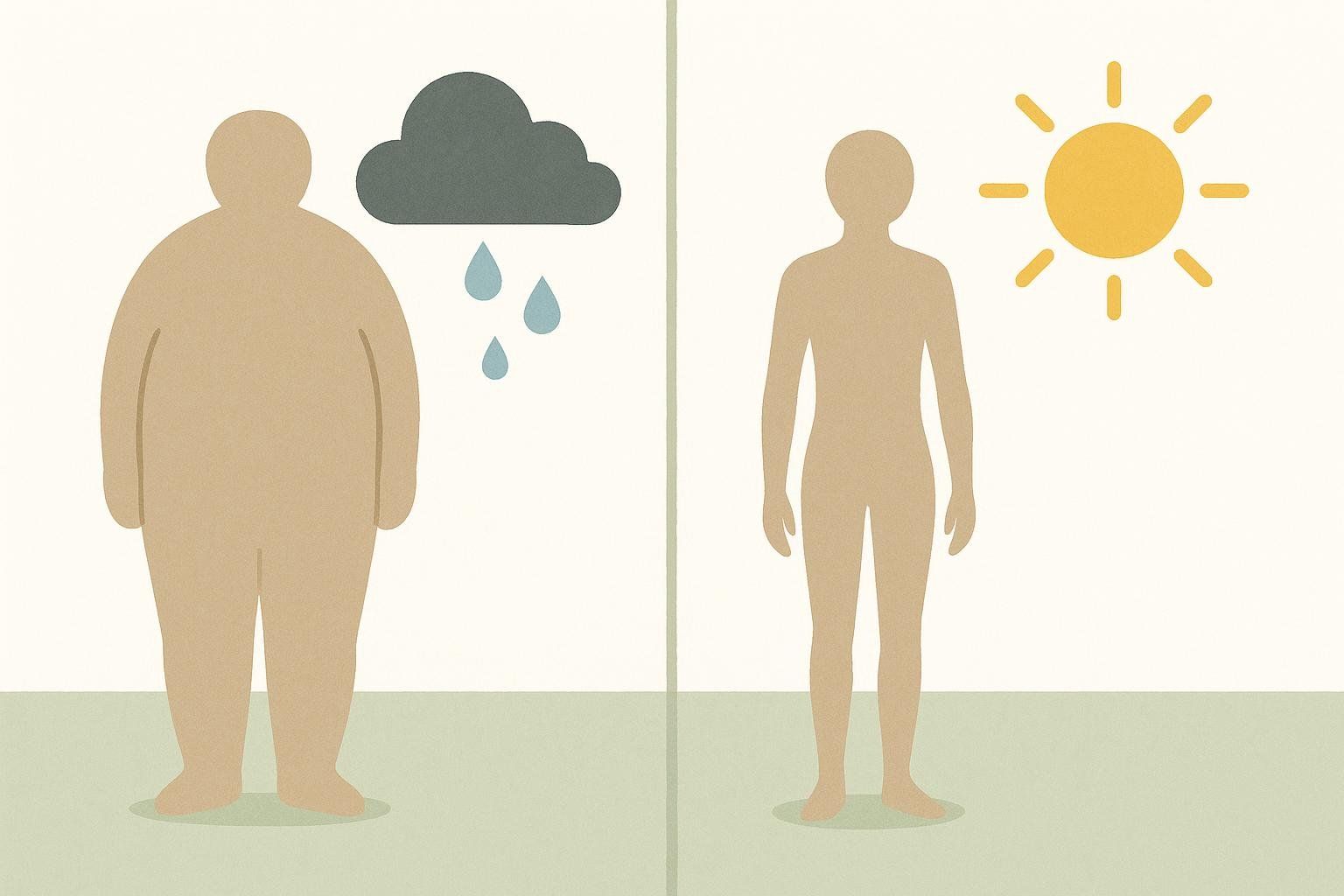 A 'before and after' illustration showing a transition from a larger person with a storm cloud to a slimmer person with a sun, representing improved health and well-being. The original alt-text is descriptive and accurate.