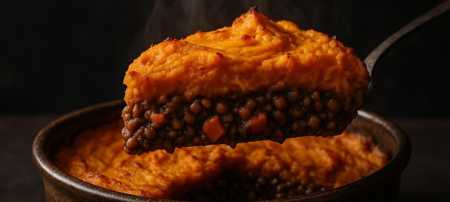 A close-up of a slice of lentil shepherd's pie with a golden sweet potato topping being served from a baking dish, with steam rising from the hot pie.