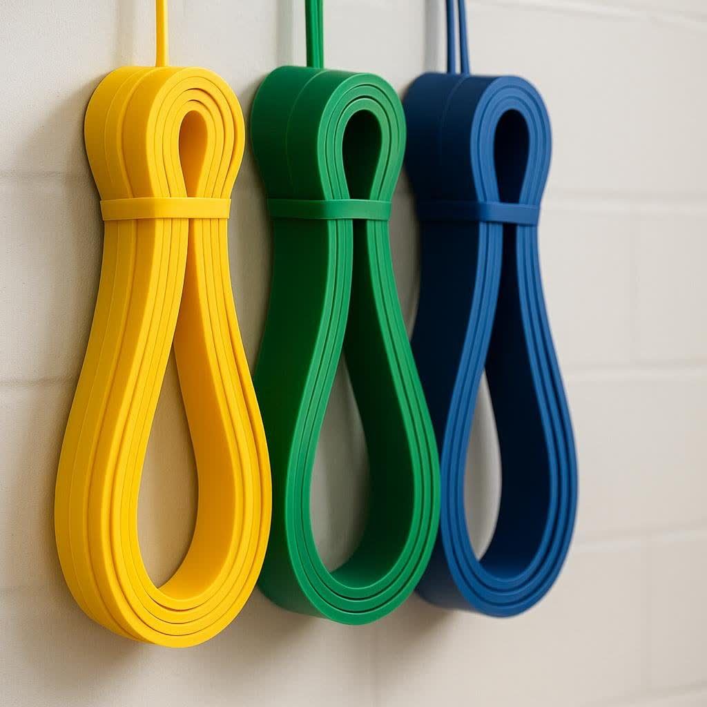 Three brightly colored resistance bands in yellow, green, and blue hanging on a white tiled wall.