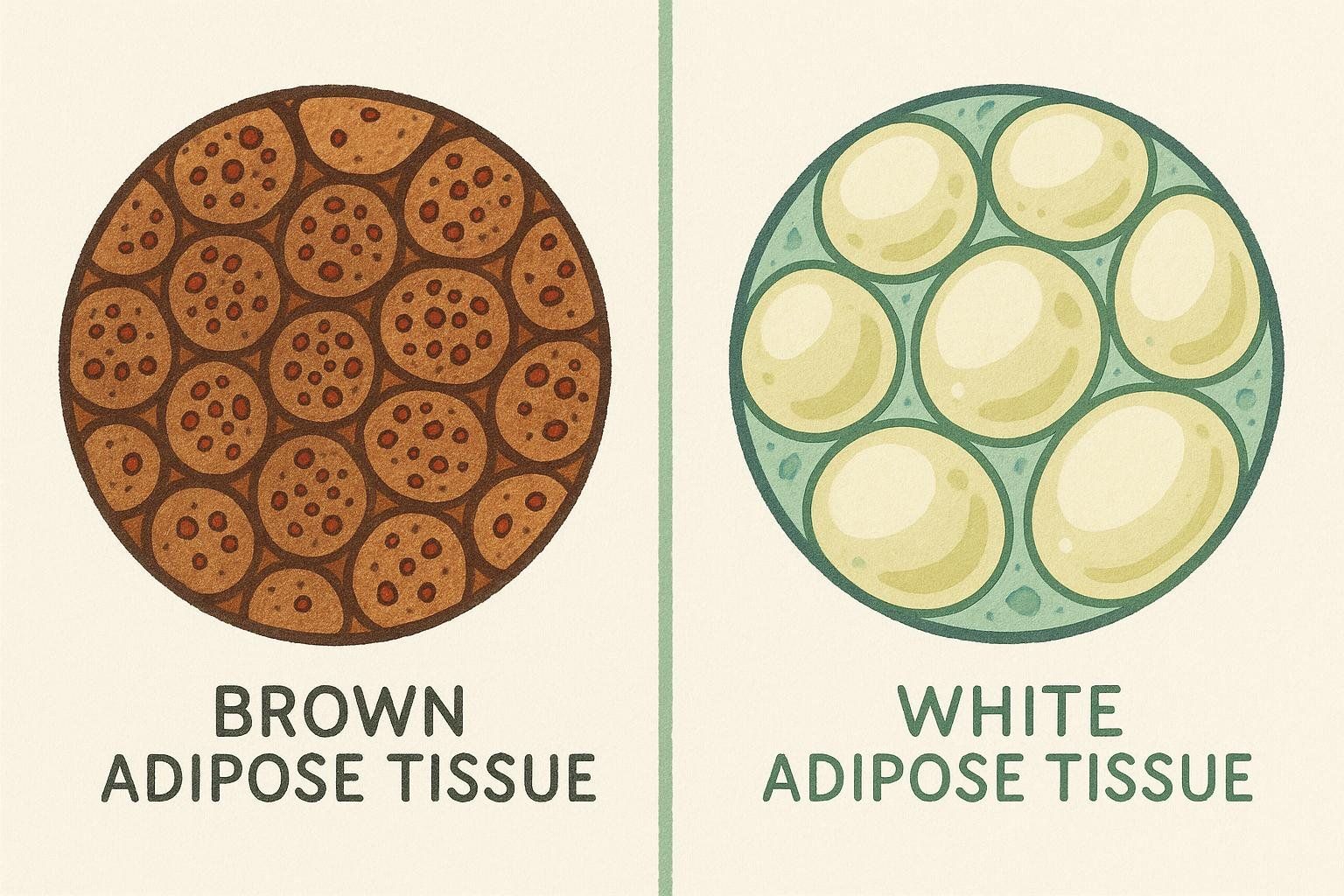 An illustration comparing brown adipose tissue, depicted as brown cells packed with speckles, to white adipose tissue, shown as sparse, large white cells.
