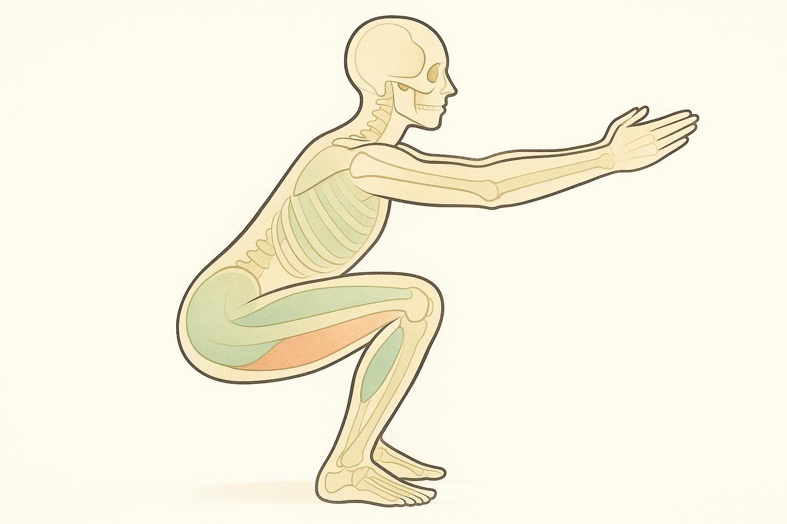Illustration of a squat highlighting quadriceps, hamstrings, and glutes to show how compound moves work multiple thigh muscles.