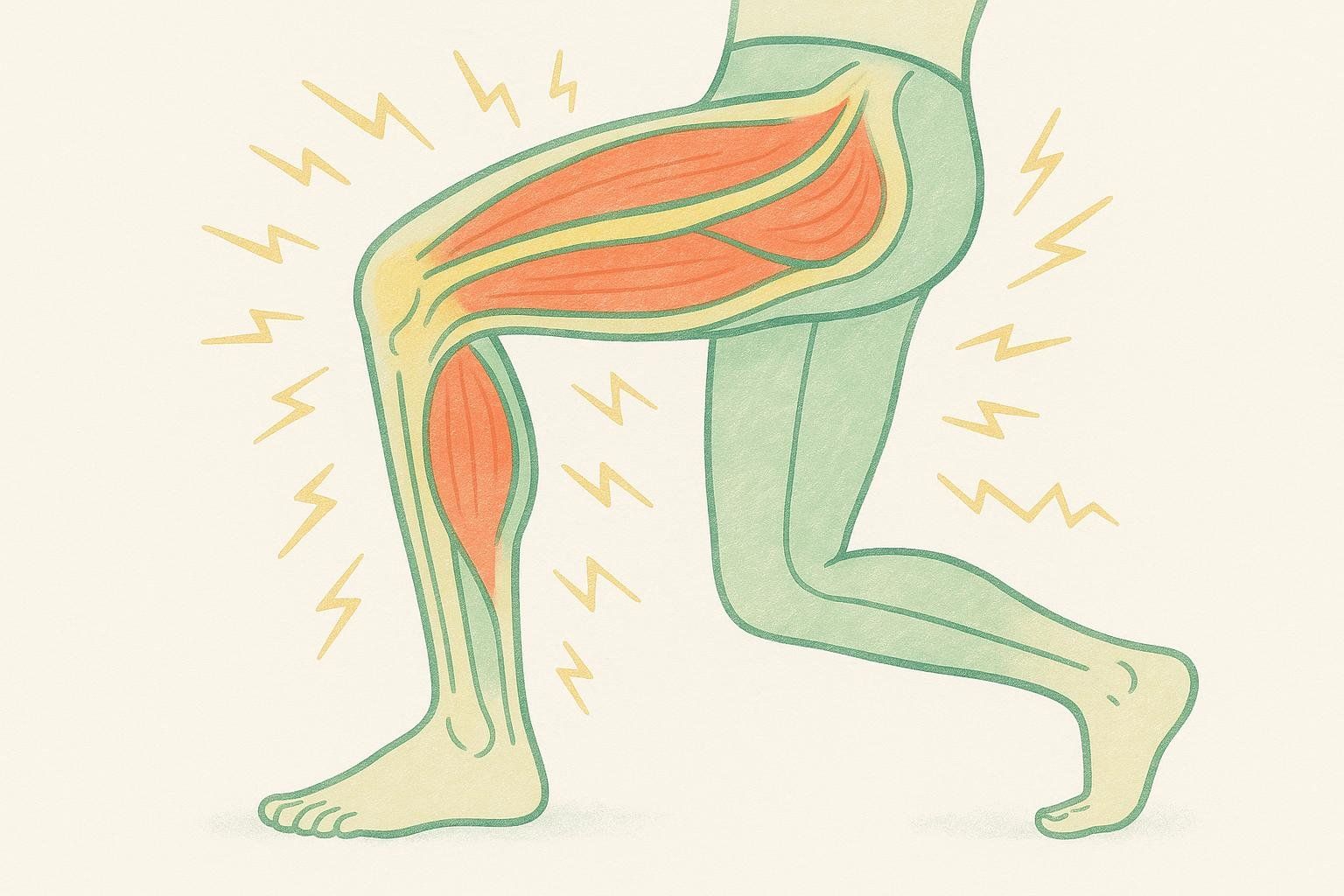 An illustration depicting the muscles of a human leg, with red sections indicating the quadriceps and calf muscles. Yellow lightning bolts and wavy lines surround the leg, symbolizing increased muscle activation or vibration.