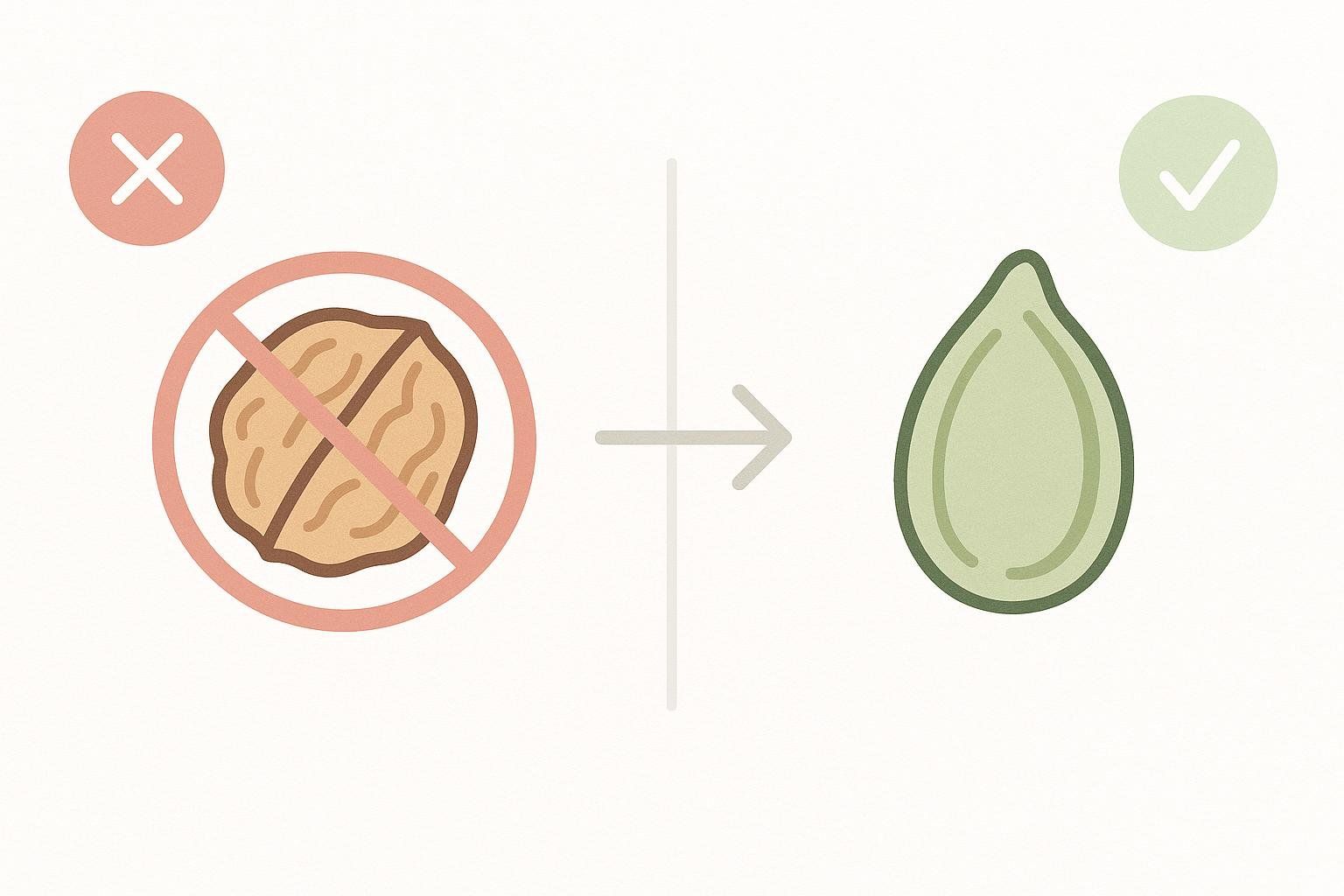 An icon showing a smart food swap, replacing nuts with seeds for a nut-free option.