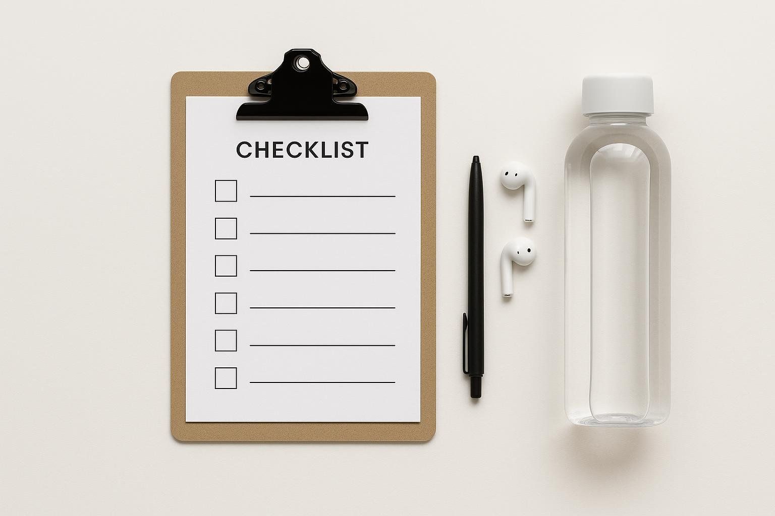 A flat lay minimalist image showing a clipboard with a 'CHECKLIST' page, a black pen, white earbuds, and a clear water bottle, suggesting preparedness for a task or activity.