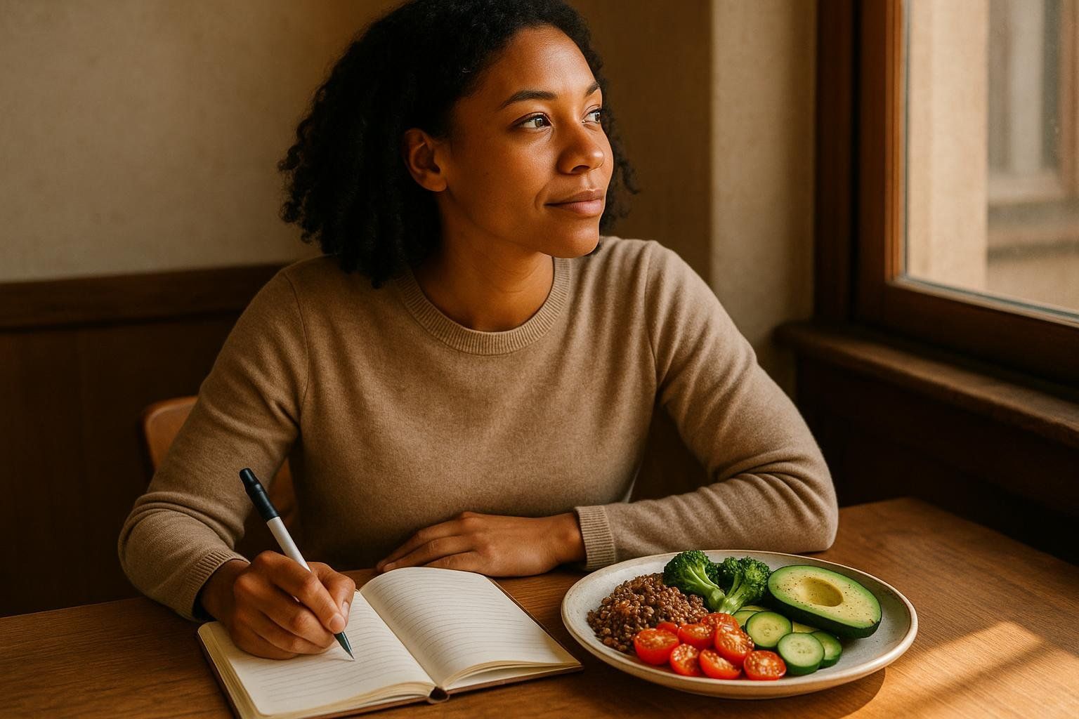 A woman with dark curly hair is sitting at a wooden table, writing in a notebook with a pen. To her right is a plate with a healthy meal consisting of lentils, broccoli, cherry tomatoes, sliced cucumber, and half an avocado. She is wearing a light brown sweater and looking thoughtfully out a nearby window.