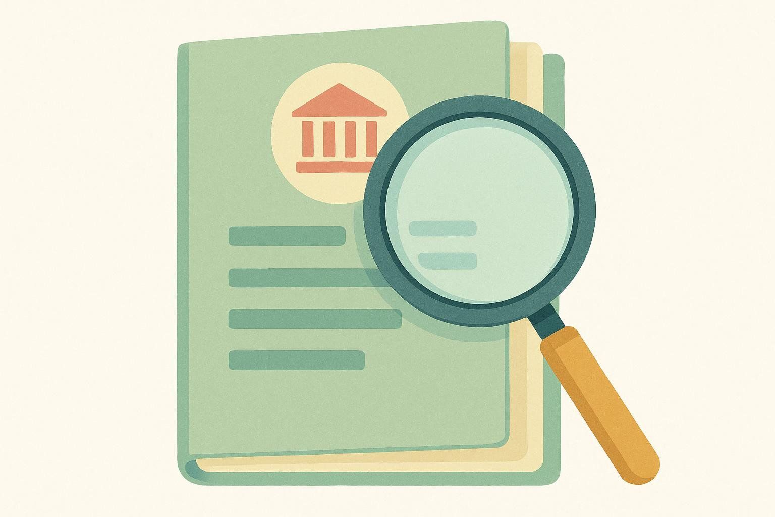 An illustration of a magnifying glass magnifying a document that has a building icon on it and lines representing text. This represents research or review.