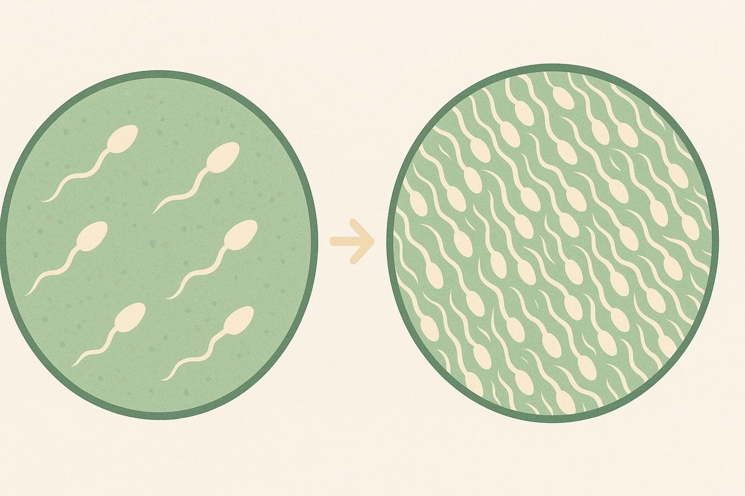 Illustration showing a low concentration of sperm before treatment with Clomid on the left, and a higher concentration of sperm after treatment on the right, with an arrow pointing from left to right.