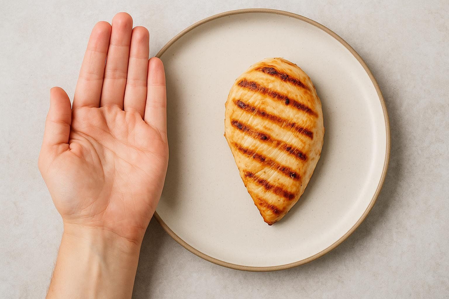 A hand demonstrating a palm-sized portion of protein next to a grilled chicken breast on a plate, illustrating a nutrition guideline.