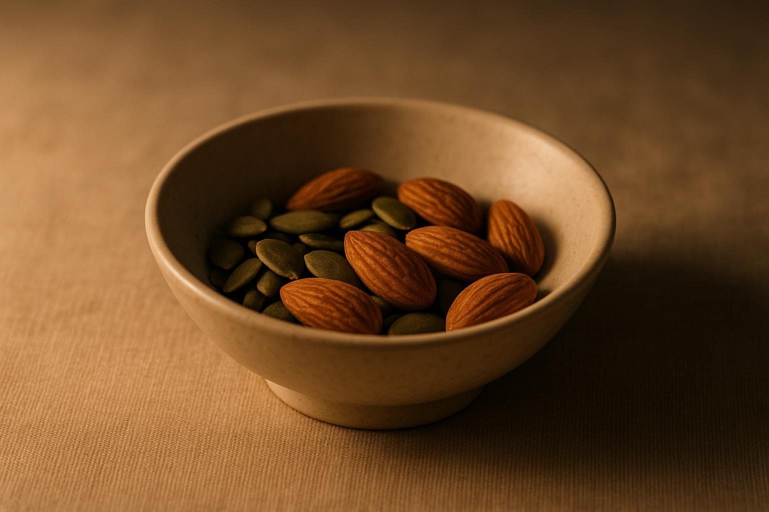 A small, light-colored bowl filled with a mix of dark green pumpkin seeds and light brown almonds. The bowl is centered and sitting on a light brown, textured surface, with soft, warm lighting illuminating the nuts.