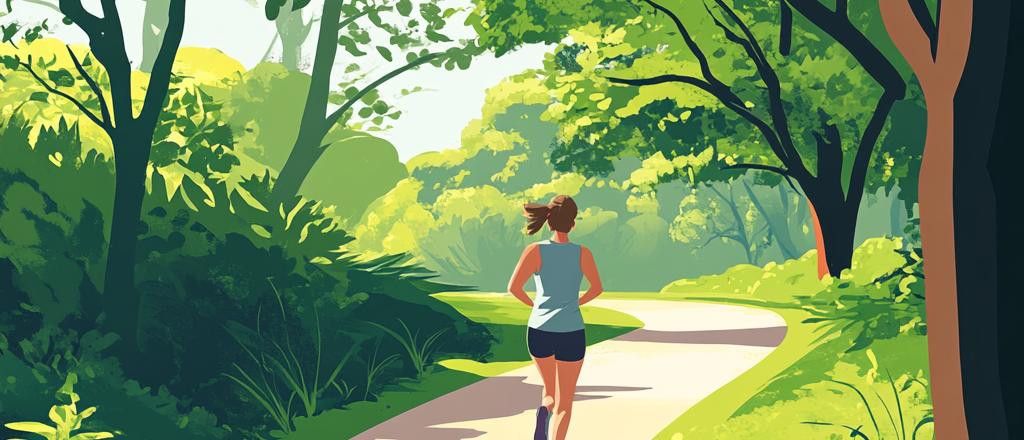 An illustration of a person running down a path in a lush, green park with bright trees and foliage.