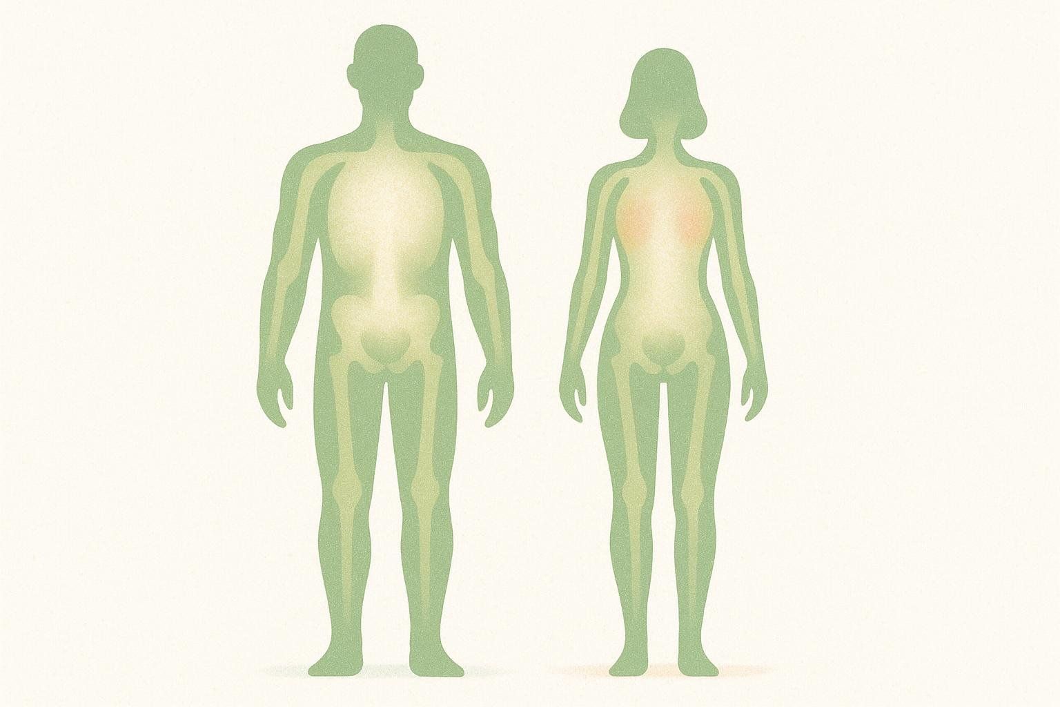 Stylized silhouettes of a male and female figure with visible bones, highlighting subtle differences in average skeletal mass.