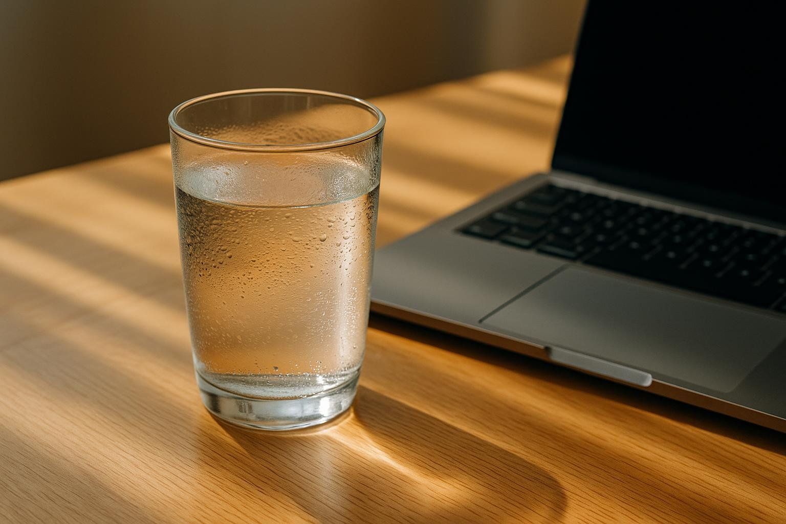 A clear glass of water with condensation sits on a wooden desk next to a silver laptop. Warm sunlight shines across the desk, creating striped shadows.