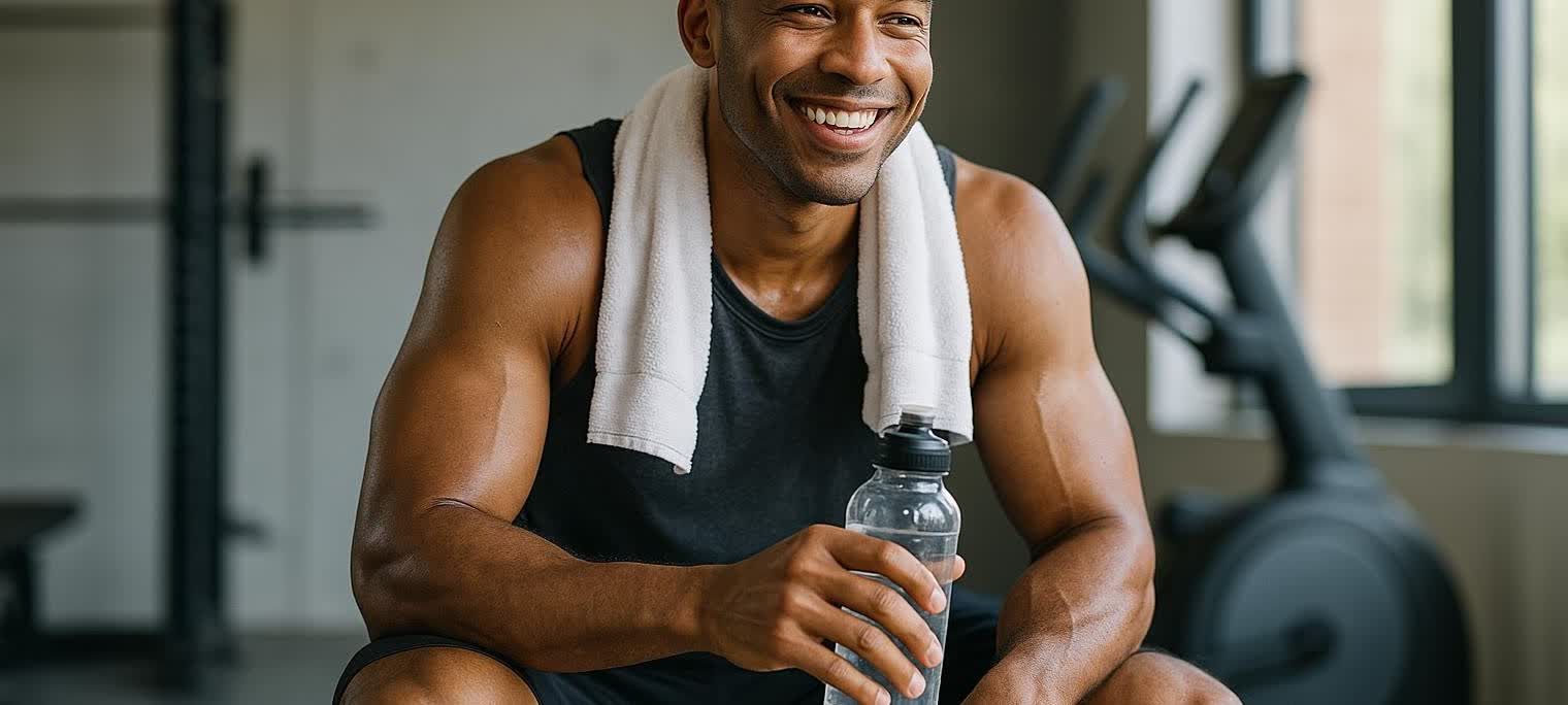 A fit man with a white towel around his neck, smiling and holding a water bottle, resting in a modern gym after his workout. He looks happy and refreshed.