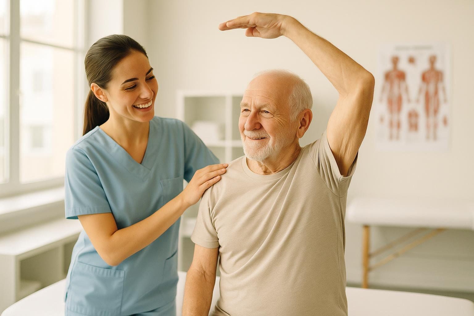 A physical therapist helps an elderly patient with an exercise, showing RPE being used in a clinical or rehabilitative context.