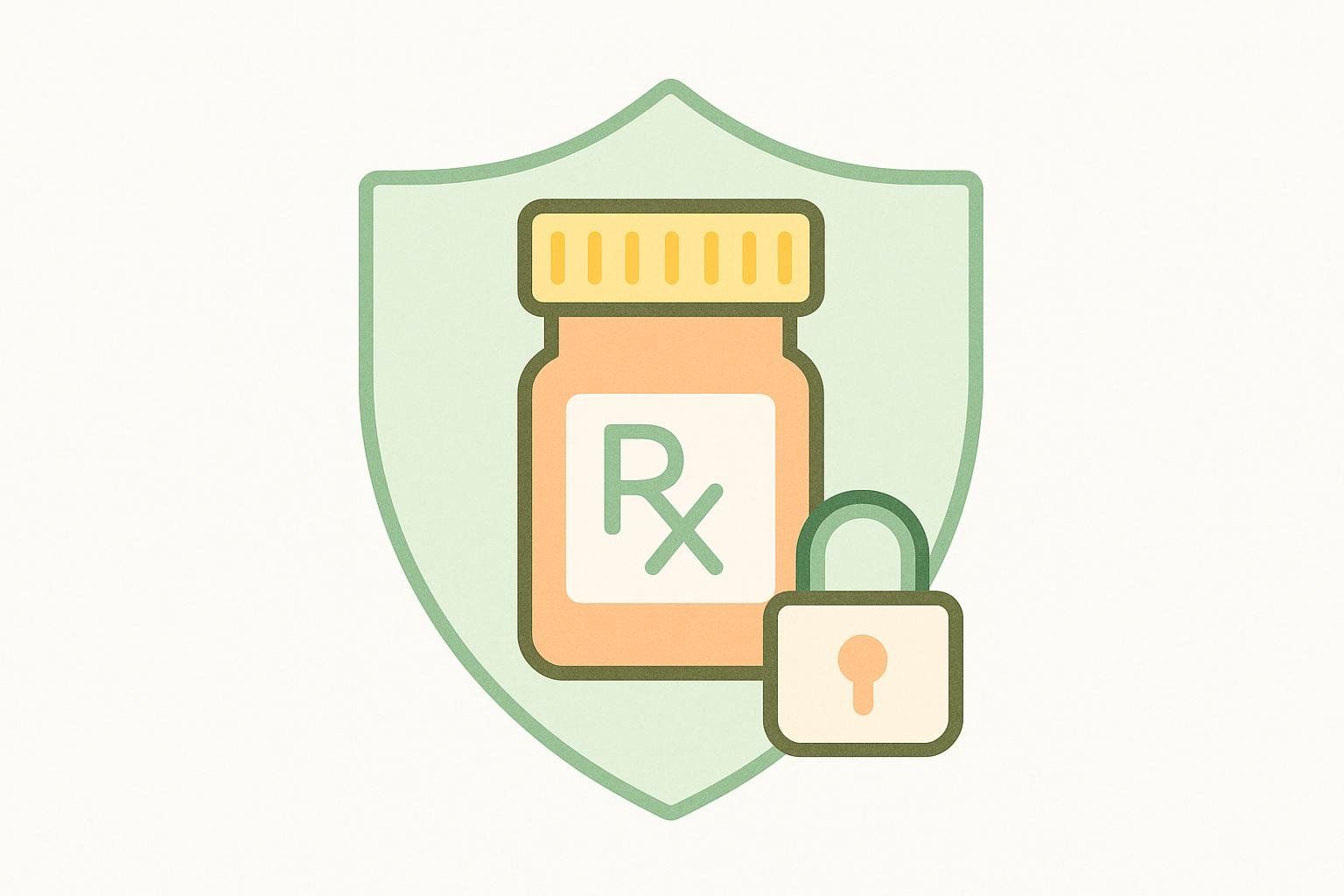An icon depicting a prescription bottle with an 'Rx' symbol on its label, placed inside a green shield and accompanied by a small padlock, symbolizing the protection and privacy of medical information or health data.