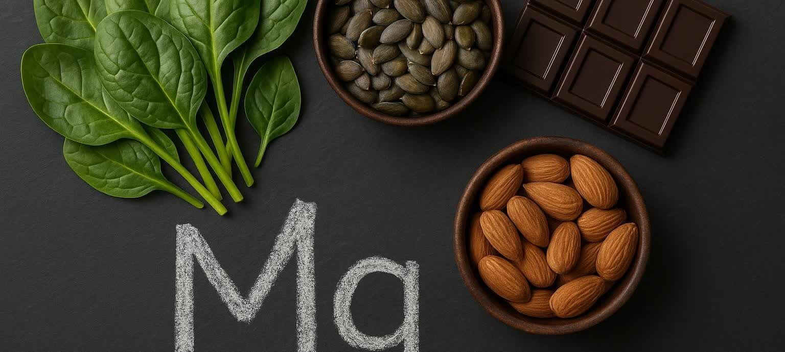 A flat lay arrangement of magnesium-rich foods including spinach, pumpkin seeds, almonds, and dark chocolate, with the chemical symbol for magnesium (Mg) written in chalk.