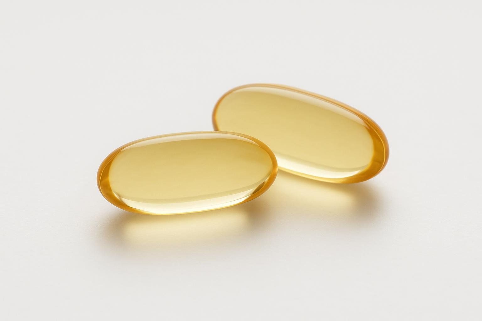 A close-up image of two fish oil capsules, representing the omega-3 supplement for muscle support.