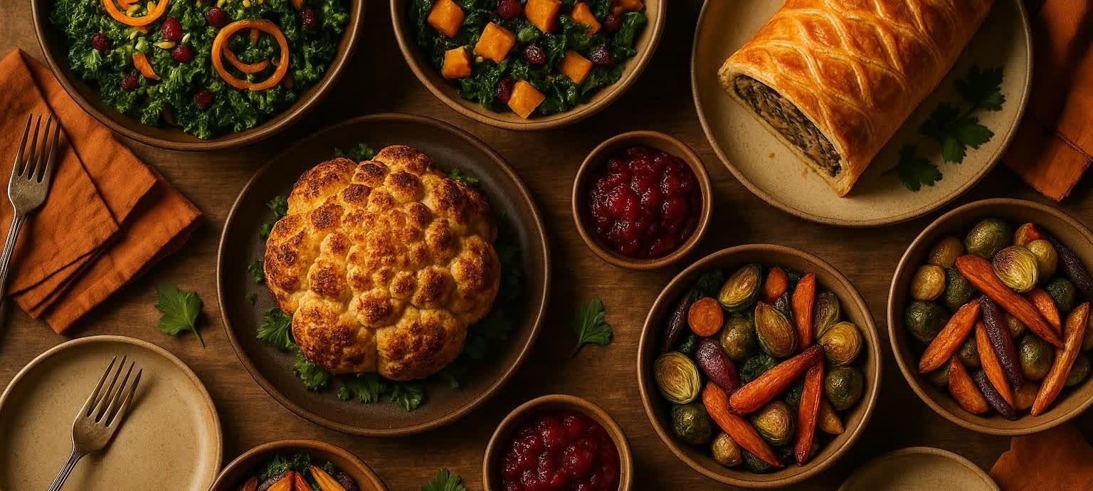 Overhead view of a beautiful vegan Thanksgiving table filled with a variety of colorful dishes, including a whole roasted cauliflower, kale salad, roasted vegetables, cranberry sauce, and a vegan wellington.