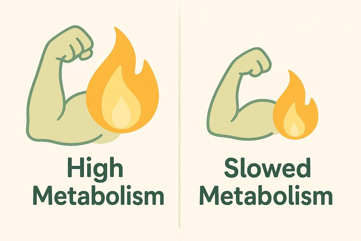 Illustration showing that strong muscle corresponds to a high metabolism (large flame), while muscle loss leads to a slowed metabolism (small flame).
