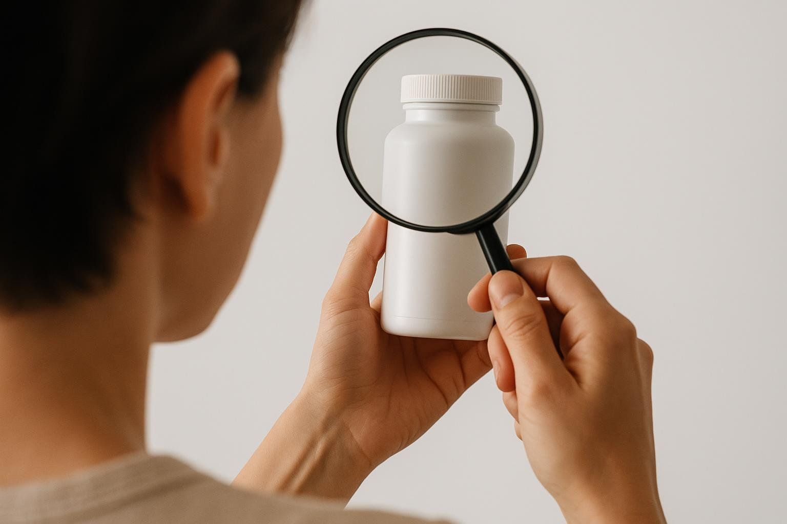 A person viewed from behind, inspecting a plain white supplement bottle with a magnifying glass held to the front of the bottle.