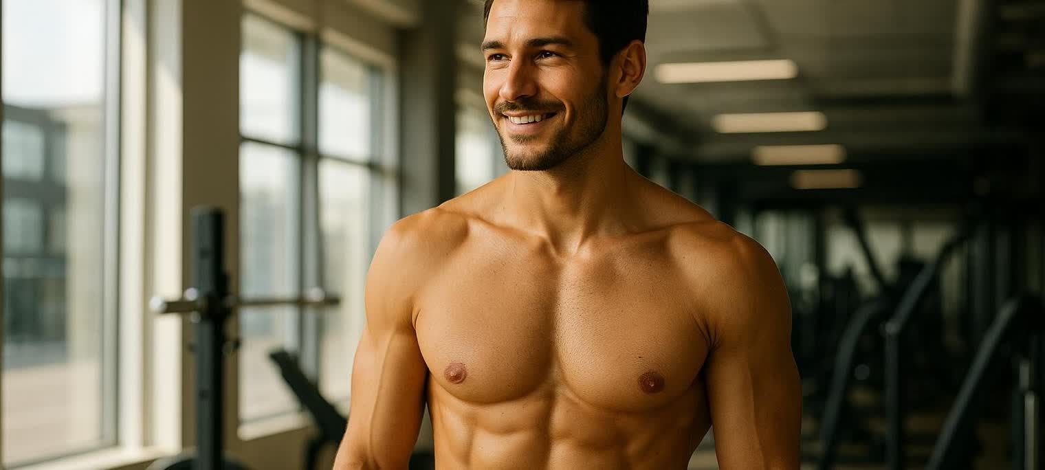 A fit, smiling man with visible abdominal muscles standing shirtless in a modern gym, looking confidently to his right.