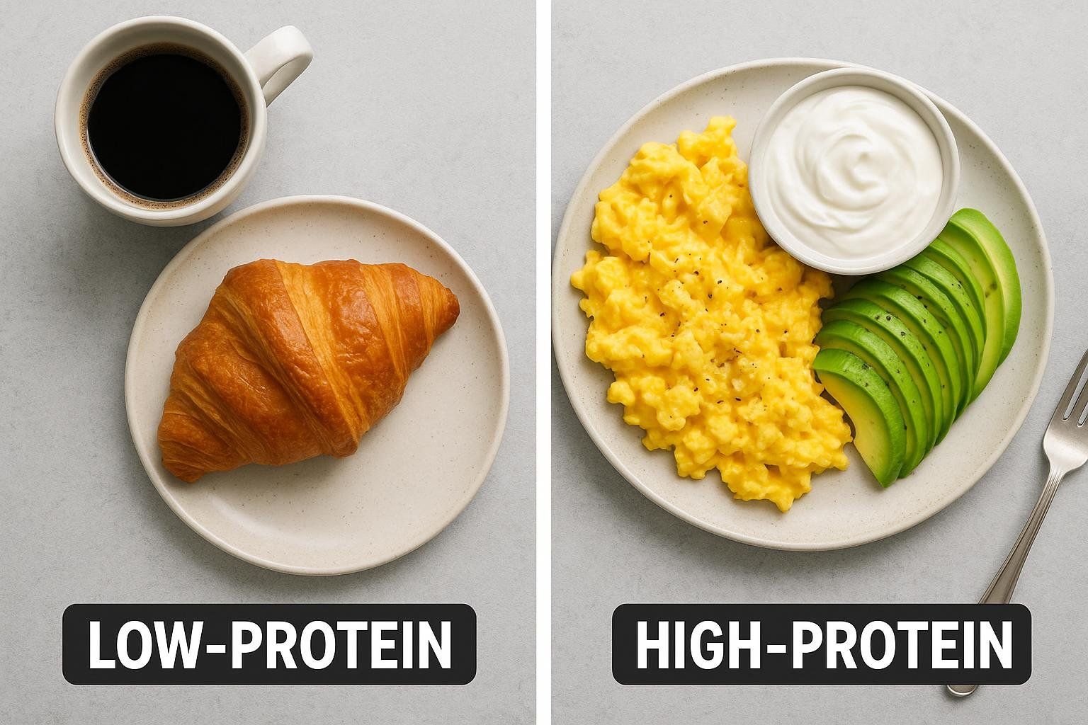 A side-by-side comparison of two breakfast options. On the left, a plate with a croissant and a mug of black coffee, labeled 'LOW-PROTEIN'. On the right, a plate with scrambled eggs, sliced avocado, and a bowl of yogurt, labeled 'HIGH-PROTEIN'.