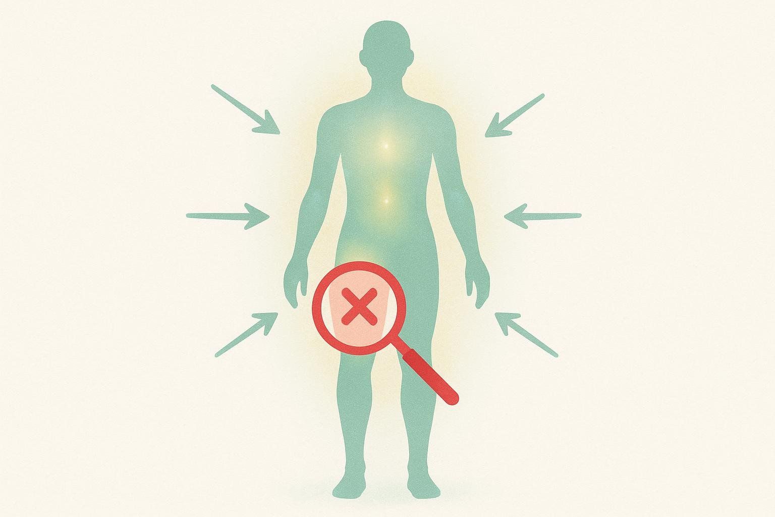 An illustration showing a human silhouette with arrows pointing towards it from all sides, indicating overall fat loss. A magnifying glass with an 'X' mark is placed over the lower abdominal area, debunking the myth of spot reduction.