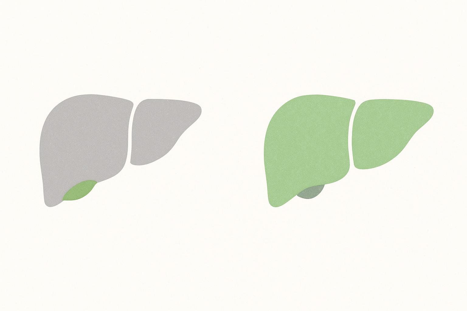 An illustration comparing two liver icons. The icon on the left, representing placebo, shows a gray liver with a small, light green section at the bottom, indicating minimal improvement. The icon on the right, representing survodutide, shows a larger, vibrant green liver with a darker green section at the bottom, indicating significant improvement.