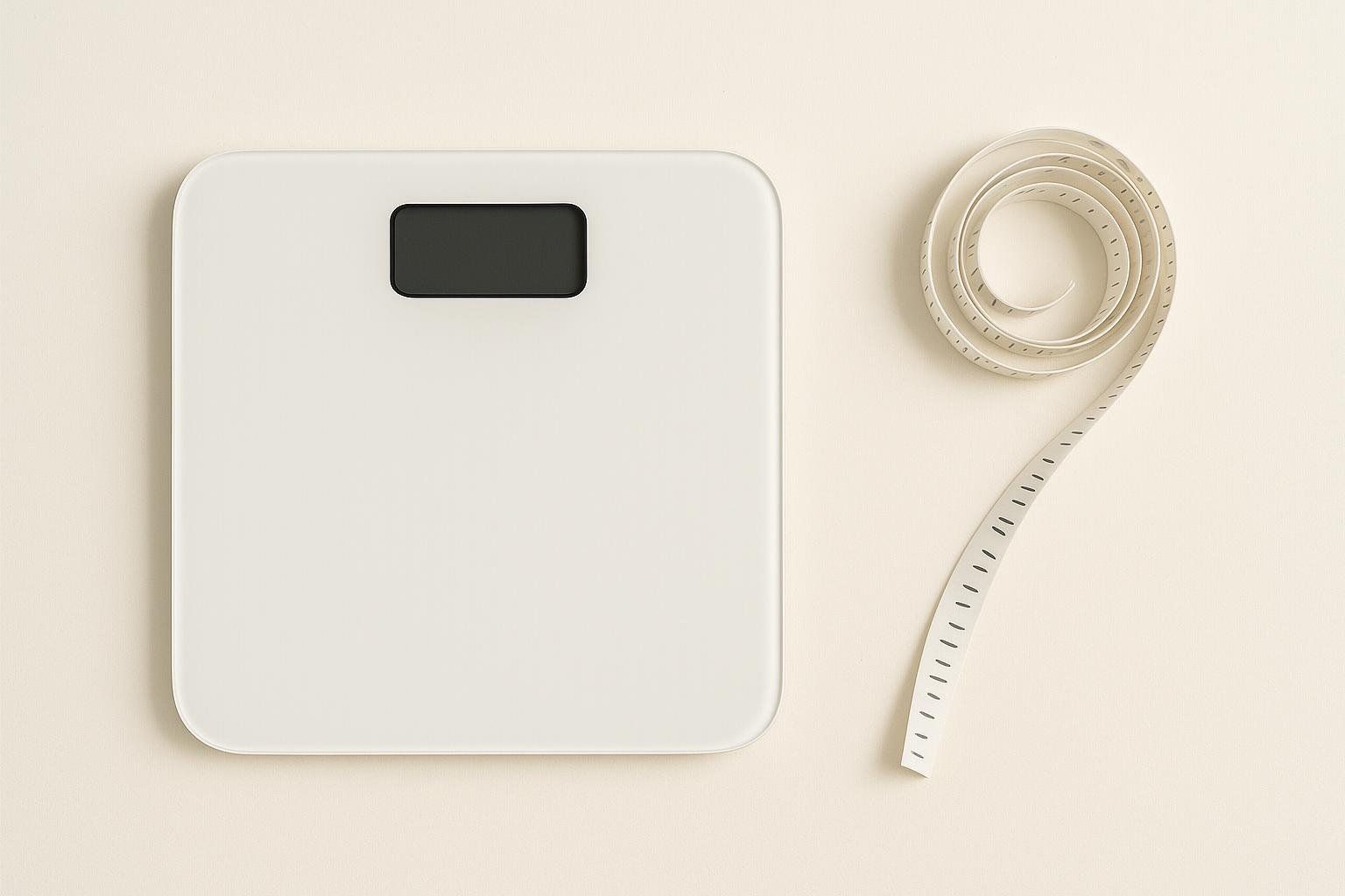 Top-down view of a white digital scale with a blank display next to a white measuring tape curled into a spiral shape.