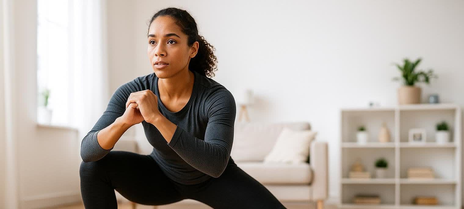 A woman with curly dark hair, wearing a dark grey long-sleeved shirt and black leggings, performs a lateral lunge. Her gaze is focused forward. She is exercising in a well-lit living room with light-colored walls, a couch in the background, and a white shelving unit with decorative items.