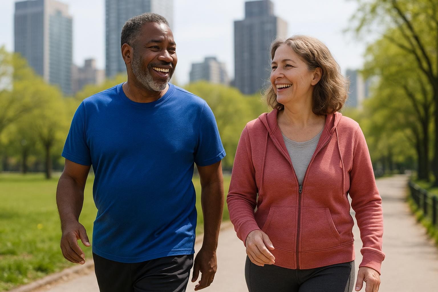 A smiling man and woman walk together on a path in a park with trees and city buildings in the background. They both appear happy and engaged in conversation as they exercise.