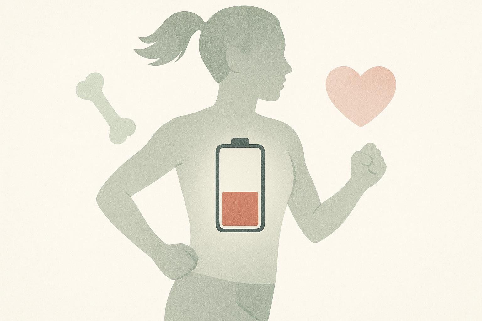 An abstract illustration symbolizing Relative Energy Deficiency in Sport (REDs) with a low-battery icon inside an athlete's silhouette.