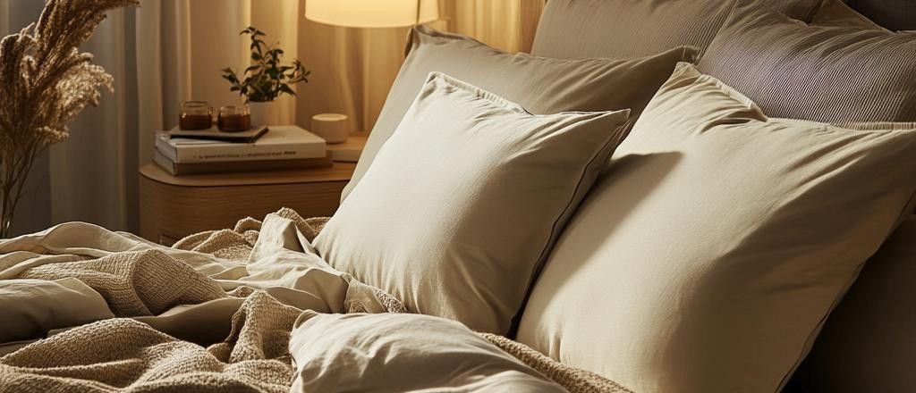 A close-up shot of a bed covered in a beige blanket and several light-colored pillows. To the left of the bed is a nightstand with books and a lamp.
