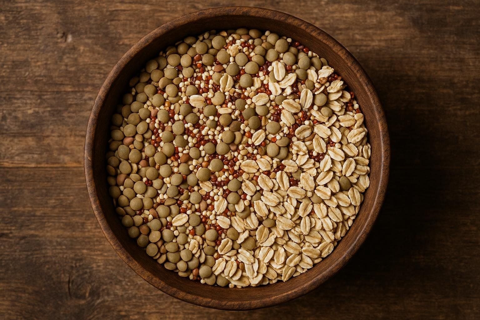 A wooden bowl filled with a mix of lentils, quinoa, and oats, seen from a top-down perspective on a wooden surface.