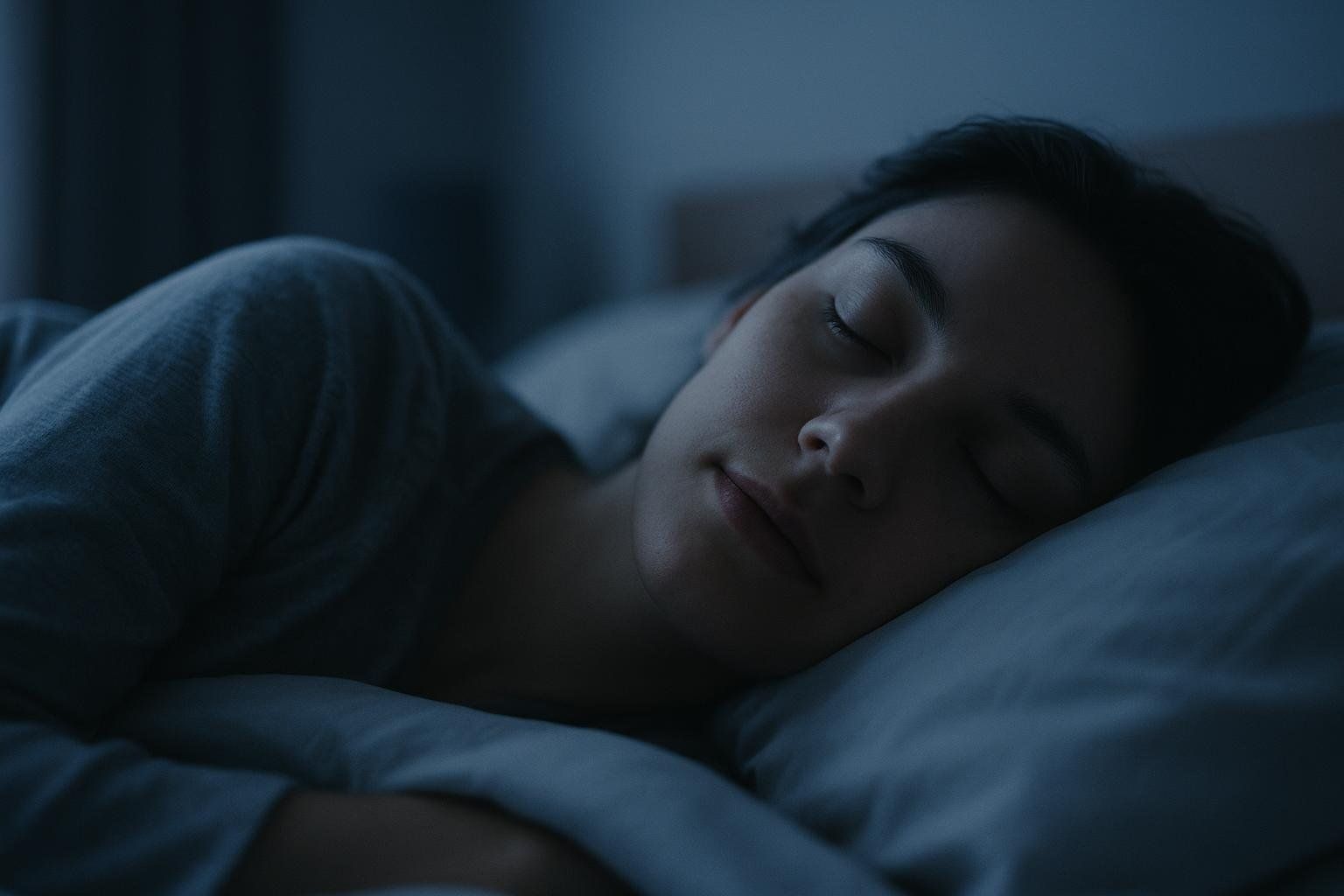 A close-up of a person with dark hair peacefully sleeping on a pillow in a dimly lit room, suggesting deep rest and relaxation.