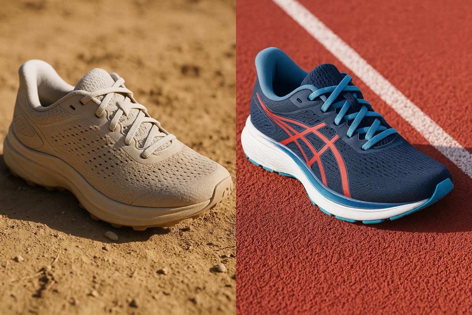A split image shows two running shoes: a beige shoe on a dirt trail and a navy blue shoe with red accents on a red rubberized running track.