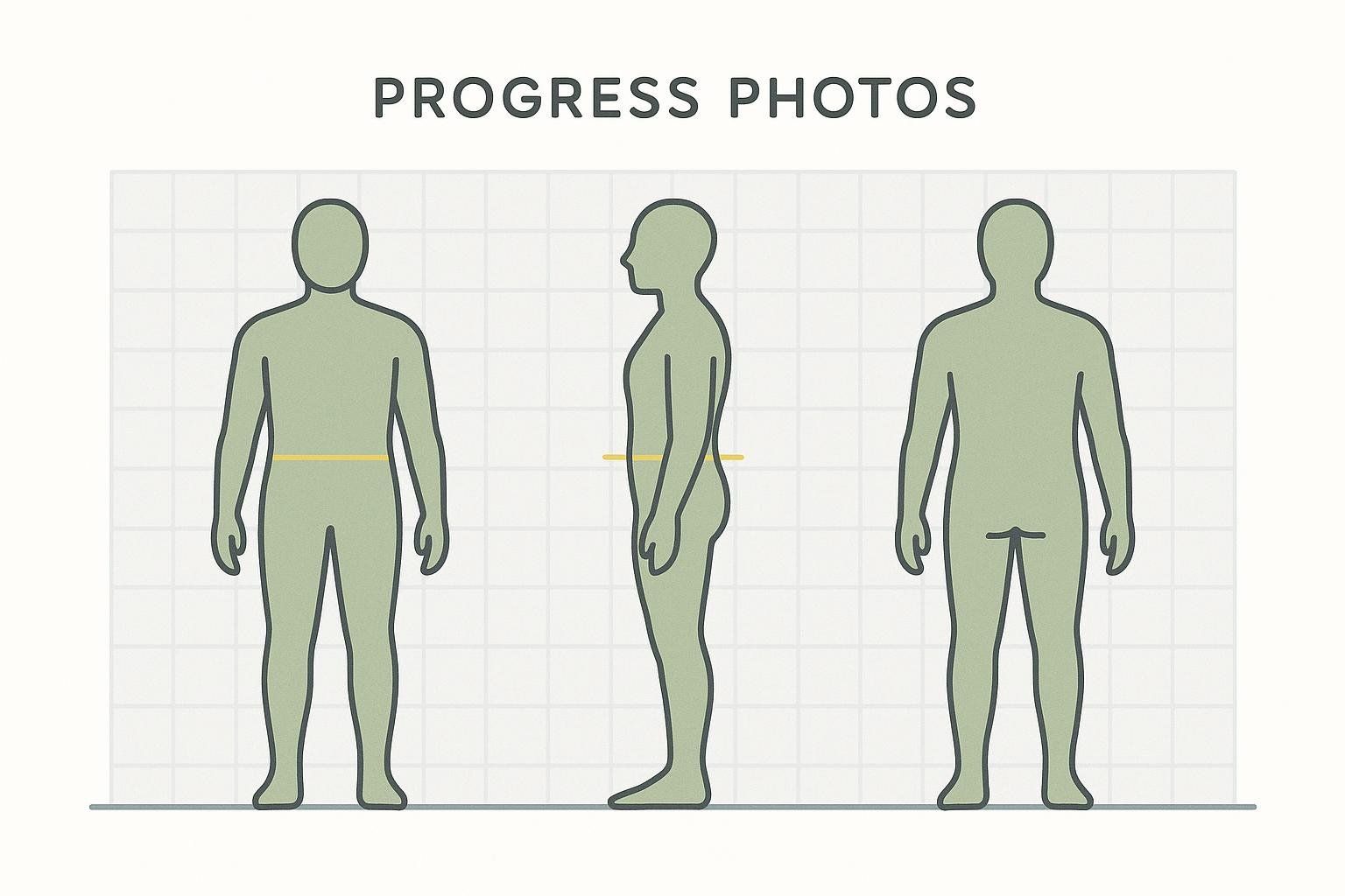 Illustration showing three grey human silhouettes against a grid background, labeled 'PROGRESS PHOTOS': front view with a yellow line at the waists, side view also with a yellow line at the waist, and back view. This illustration is for taking progress photos to track body composition changes.