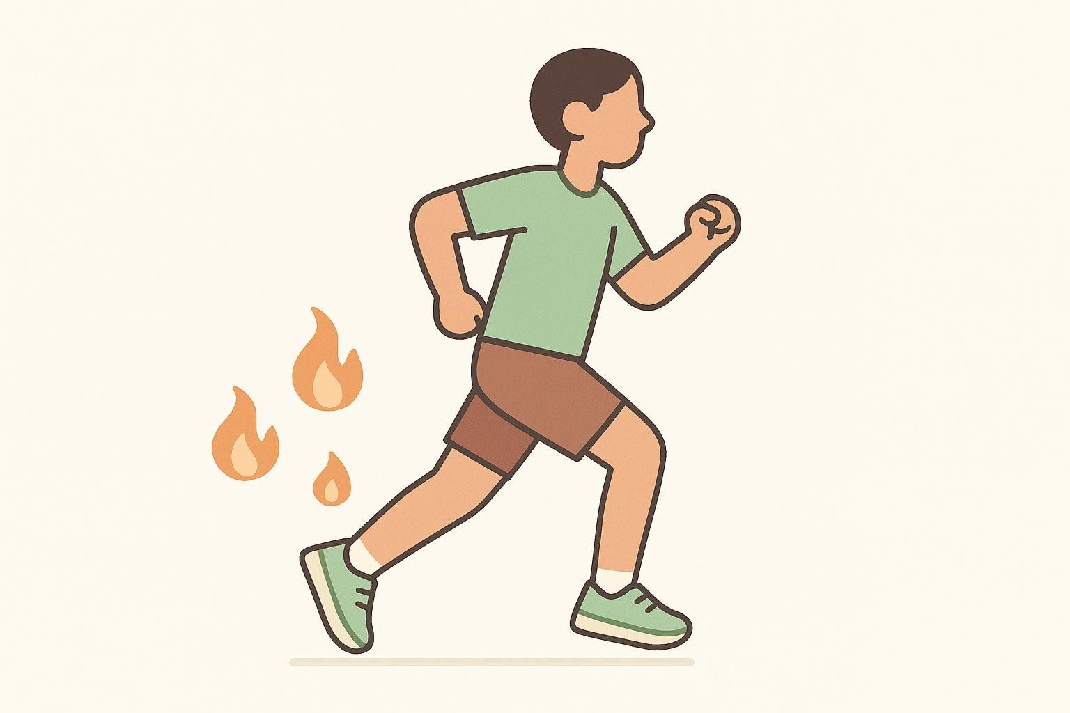 Illustration of a person with short brown hair, wearing a green t-shirt and brown shorts, running. Behind their left leg, three orange fire icons representing burning calories are visible, diminishing in size as they trail away from the runner.