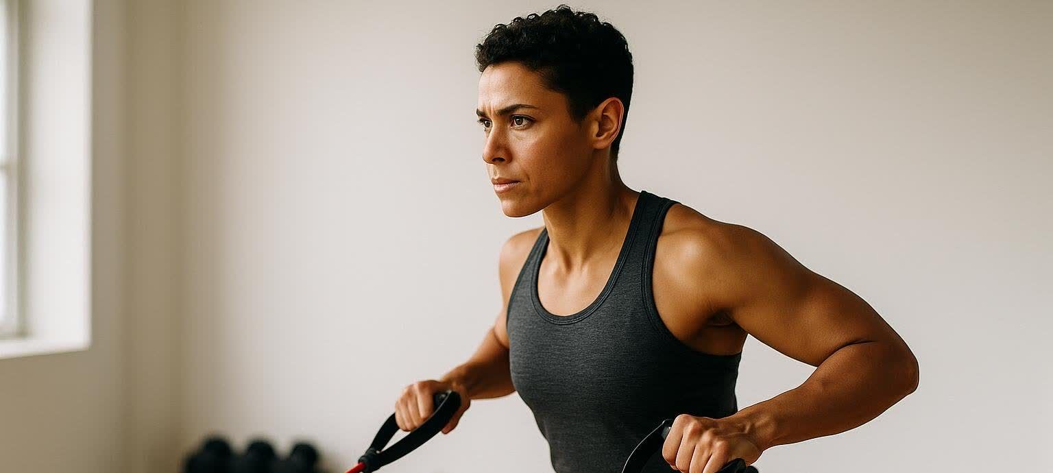 A focused woman with short dark hair and a dark gray athletic top performs an exercise with a red resistance band. She holds the handles of the band, engaging her arm and shoulder muscles. The background is a plain, light-colored wall with a hint of a window on the left.