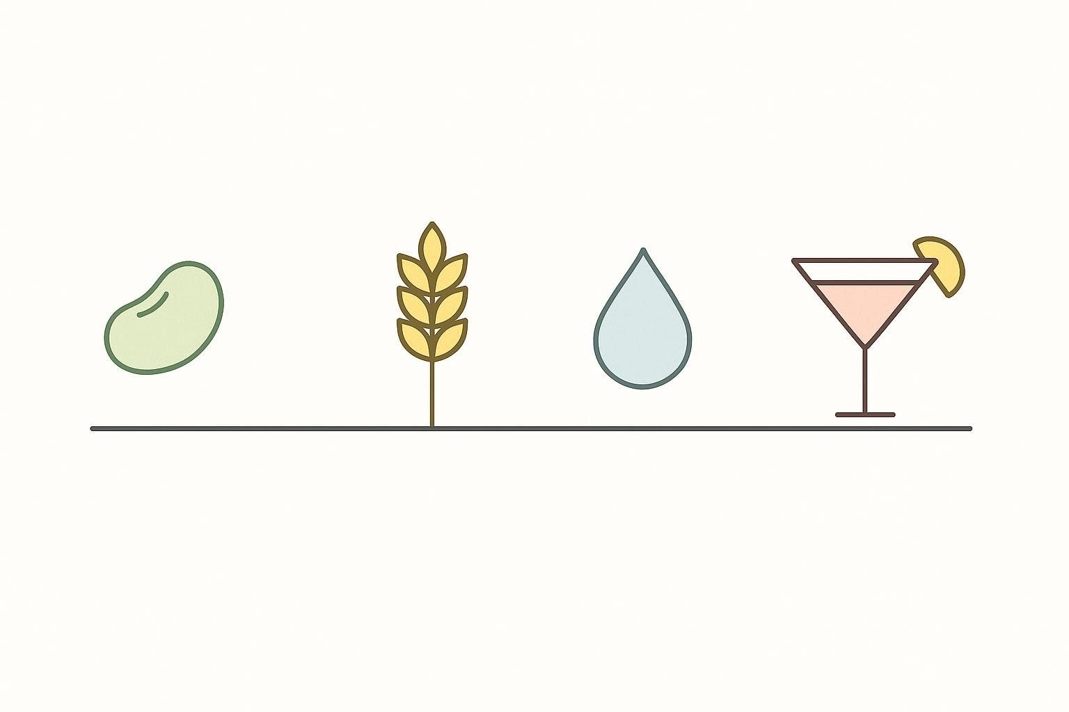 A simple timeline using icons to represent the reintroduction phase of Whole30, depicting a bean for legumes, a stalk of wheat for grains, a water droplet for dairy (often representing milk), and a martini glass for alcohol.