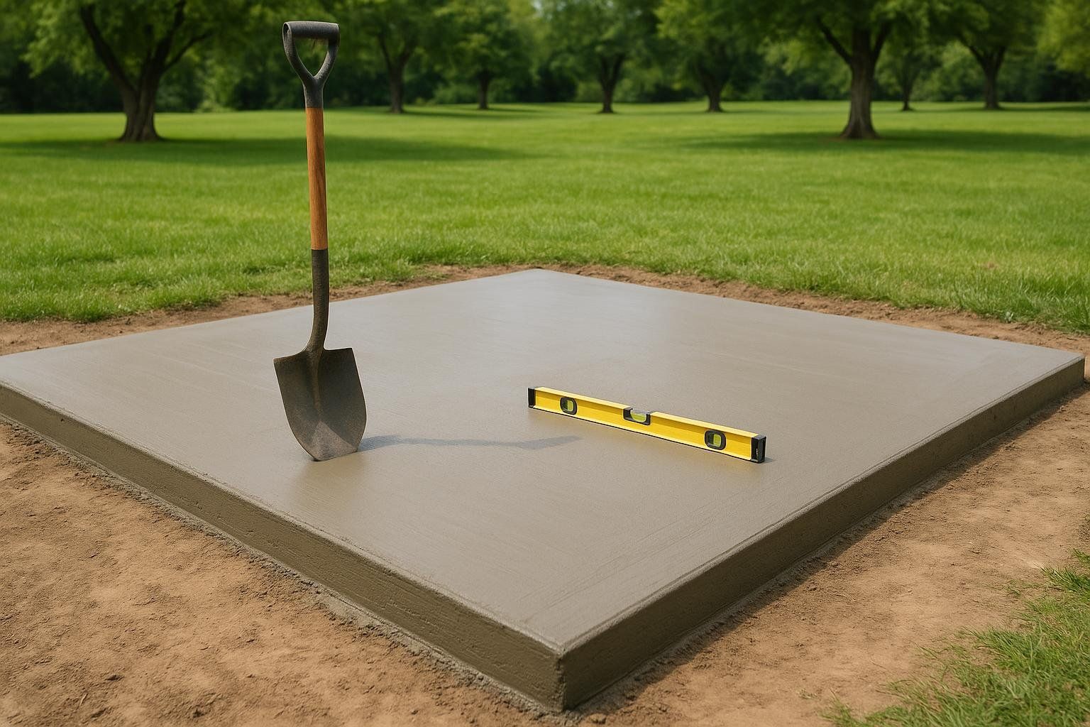 A freshly poured square concrete pad sits in a grassy park, with a shovel standing upright and a yellow spirit level resting flat on its smooth, gray surface. The concrete pad is surrounded by brown dirt and green grass, with trees in the background.