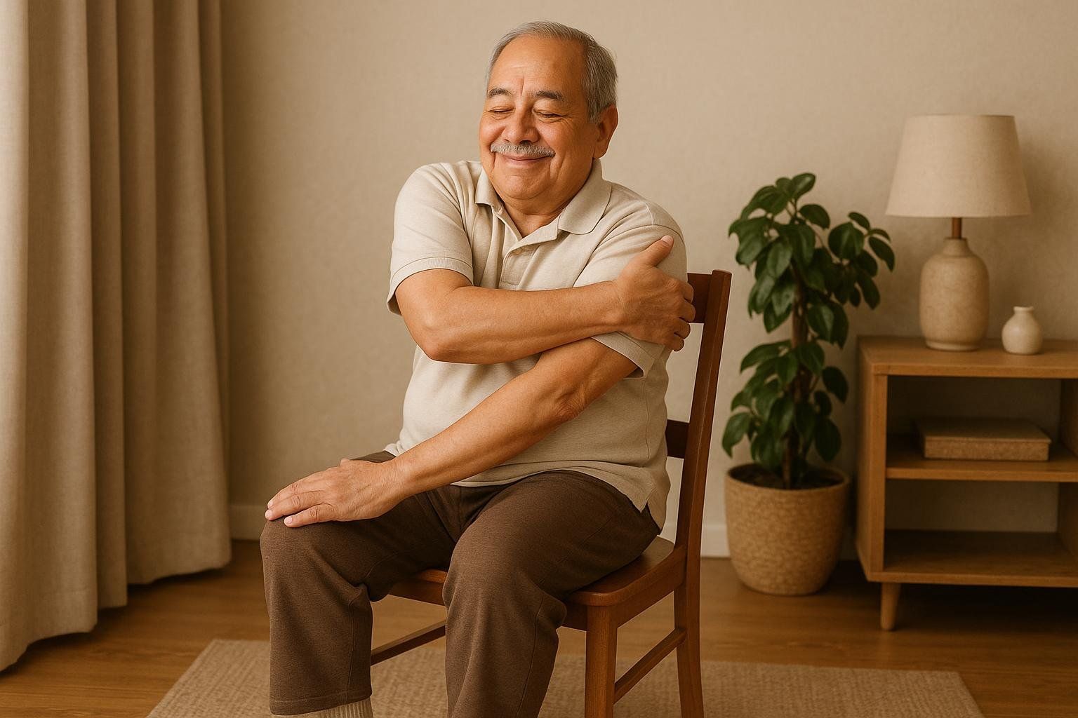 An older man with gray hair and a mustache sits in a chair, smiling with eyes closed, as he holds his right arm with his left hand, performing a modified somatic exercise. He is wearing a light tan polo shirt and brown pants, with a houseplant and lamp visible in the background.