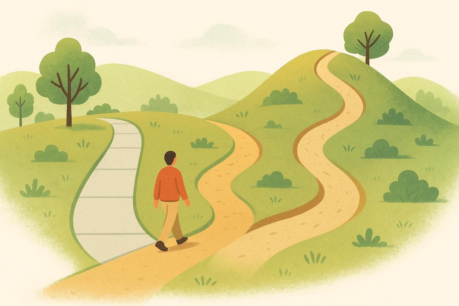 Illustration of a person walking on a path that splits into three options: a flat sidewalk, a rolling unpaved trail, and a steep unpaved hill. The paths symbolize choices, with the three options representing beginner, intermediate, and advanced walking plans.