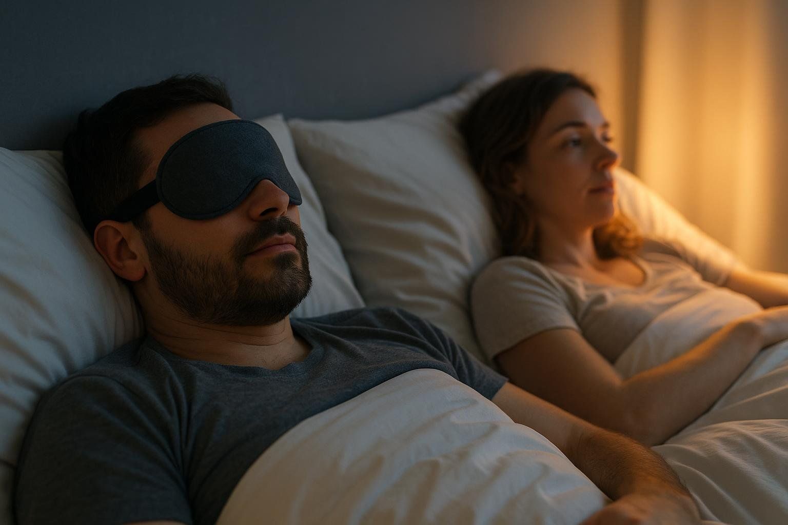 A man wearing a dark eye mask sleeps soundly in bed, while the woman next to him is awake, gently illuminated by a warm light from a window or lamp.