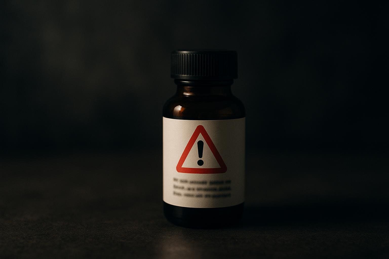 A bottle with a warning symbol, highlighting the red flag of how BPC-157 is often marketed 'for research only'.