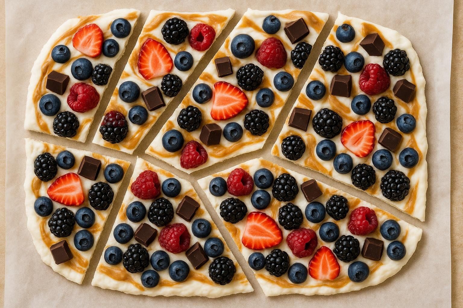 Top-down view of triangular pieces of frozen yogurt bark with swirls of peanut butter, topped with blueberries, blackberries, raspberries, sliced strawberries, and small chocolate squares.