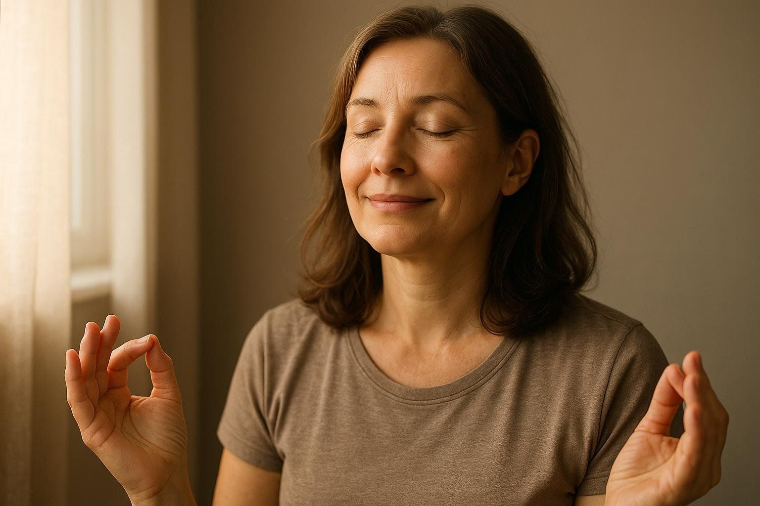A woman meditates peacefully with soft light on her face, representing mindfulness as a tool for managing mood symptoms during perimenopause.