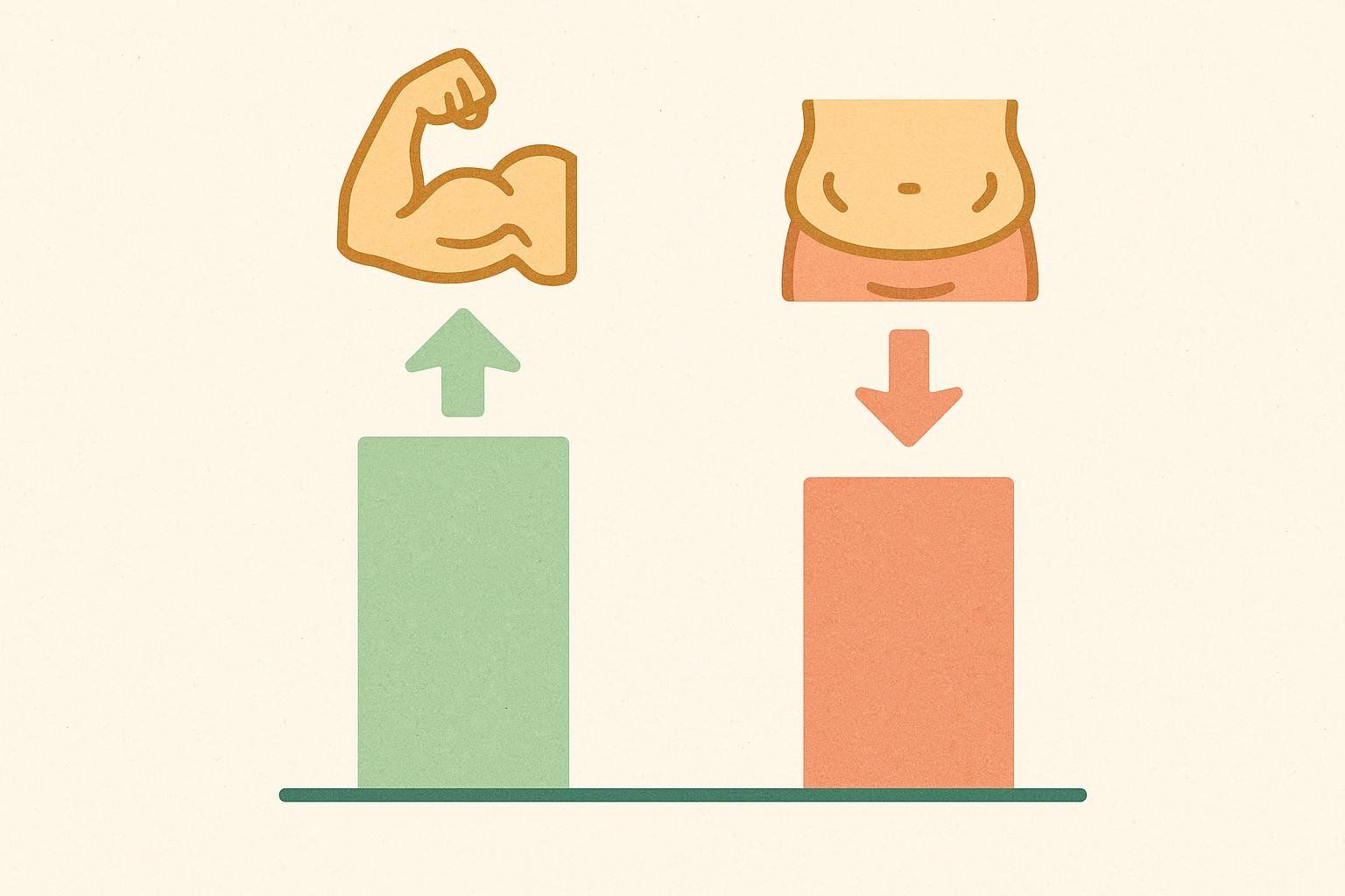 A bar chart with icons showing an increase in muscle and a decrease in fat, illustrating positive body composition changes from fitness.
