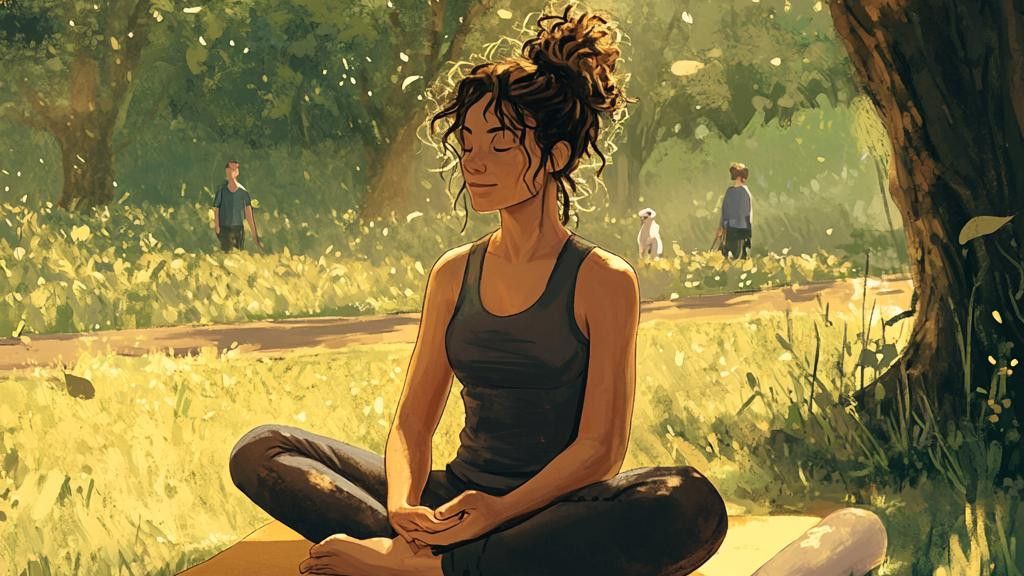 Digital illustration of a woman sitting cross-legged and meditating in a sunny park. Two people and a small white dog walk on a path in the background.